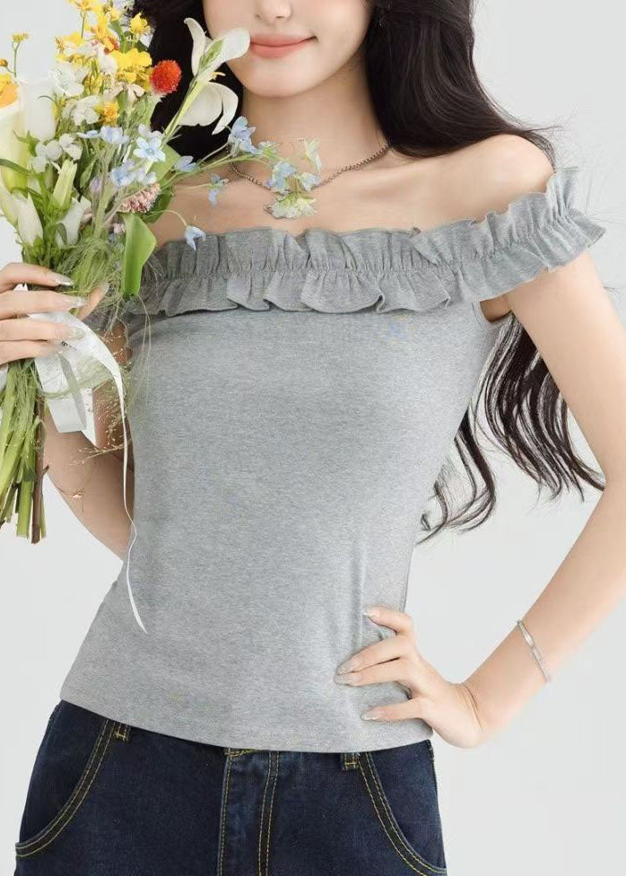 Style Grey Slash Neck Ruffled Short Sleeve Yoga Tops