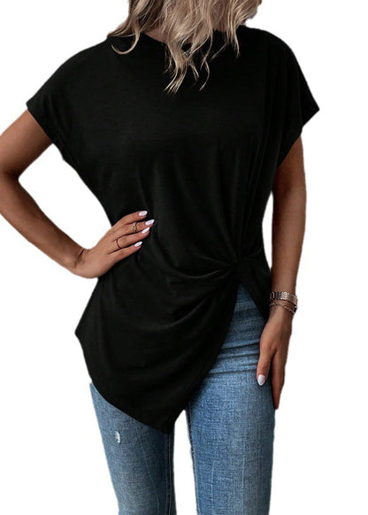 Black O Neck Asymmetrical Cotton Top Summer