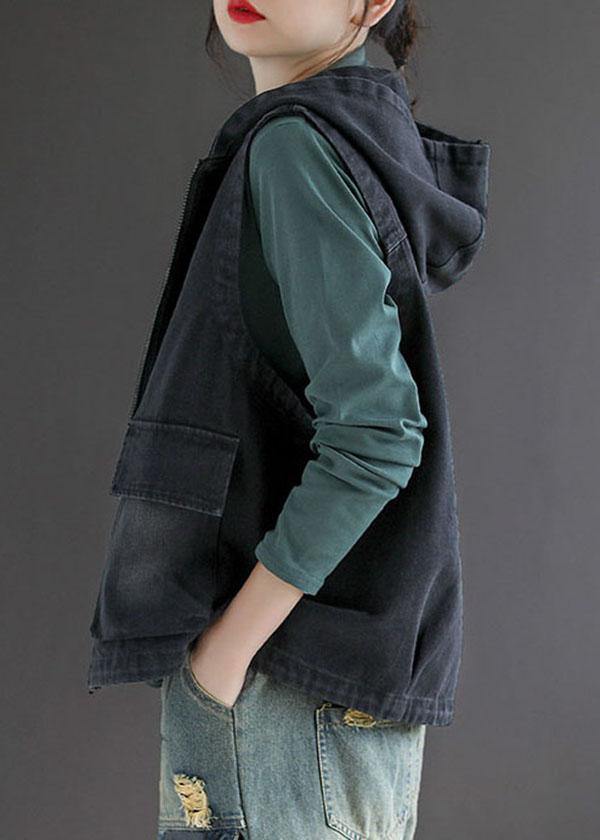 French Black Denim Hooded Patchwork Fall Waistcoat Sleeveless