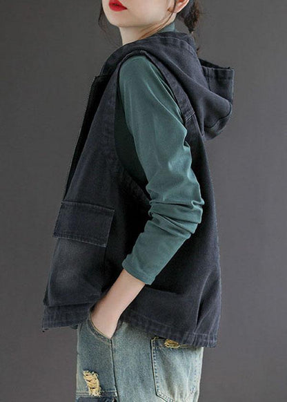 French Black Denim Hooded Patchwork Fall Waistcoat Sleeveless