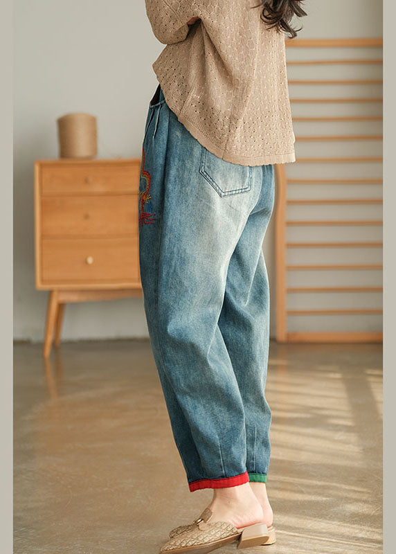 Unique Blue Pockets Embroidered Harem Fall Denim Pants