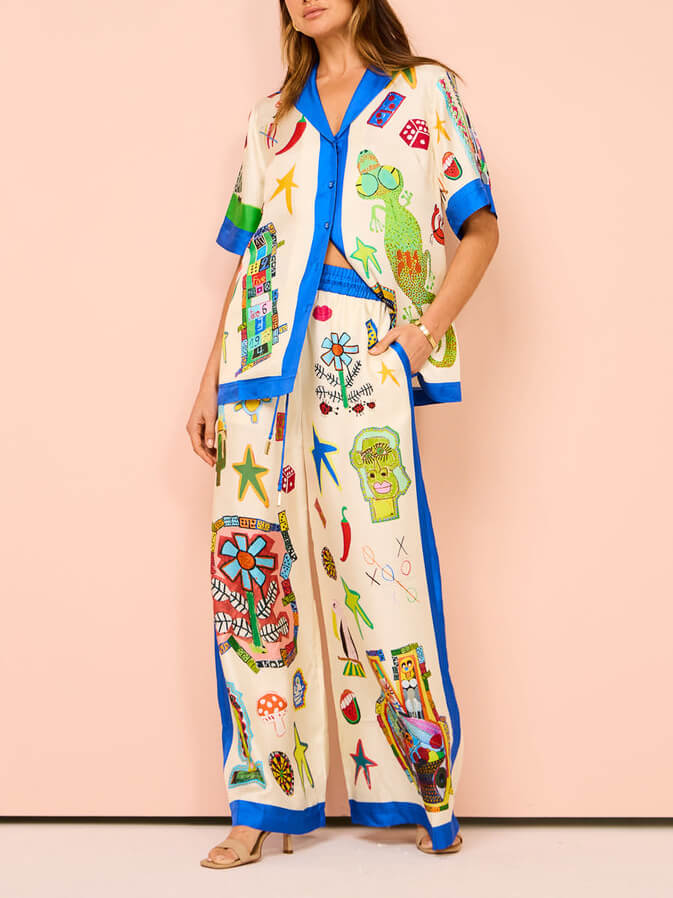 Color Block Personalized Printed Vacation Loose Shirt