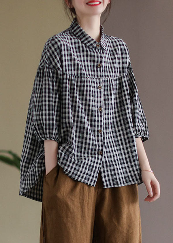 Black Peter Pan Collar Plaid Linen Shirt Half Sleeve