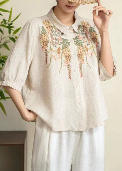 Yellow Peter Pan Collar Embroidered Linen Shirt Tops Summer