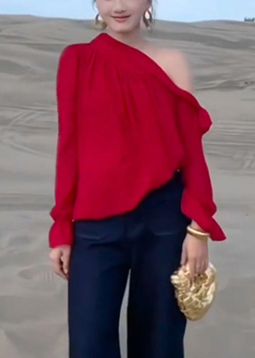 Stylish Red Lace Up Chiffon Shirt Fall