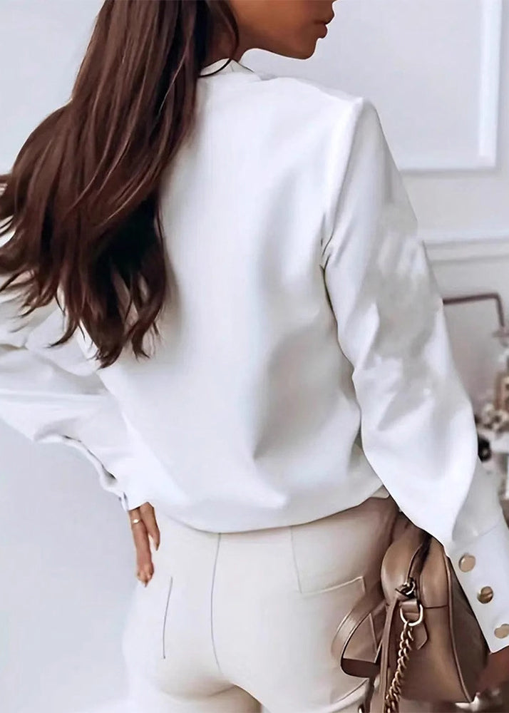 Modern White Stand Collar Button Cotton Blouse Top Spring