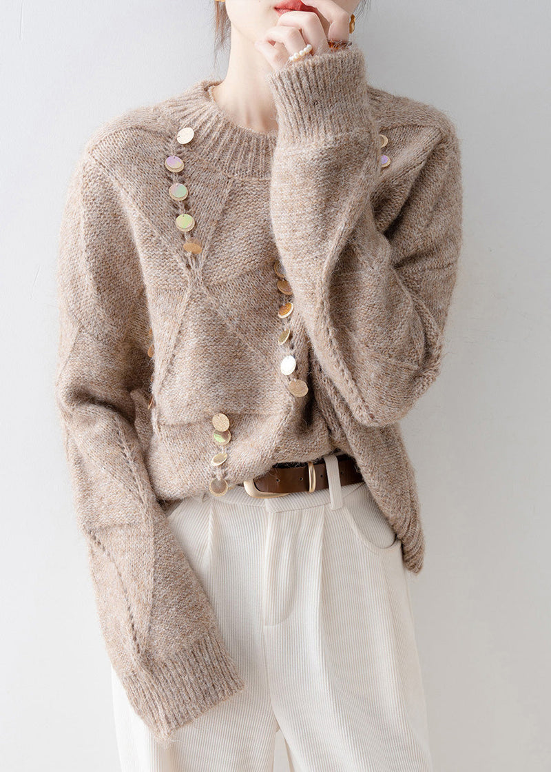 French Light Camel O Neck Sequins Knit Sweater Spring