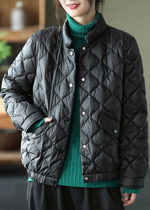 Light Green Stand Collar Pockets Button Winter Down Coat