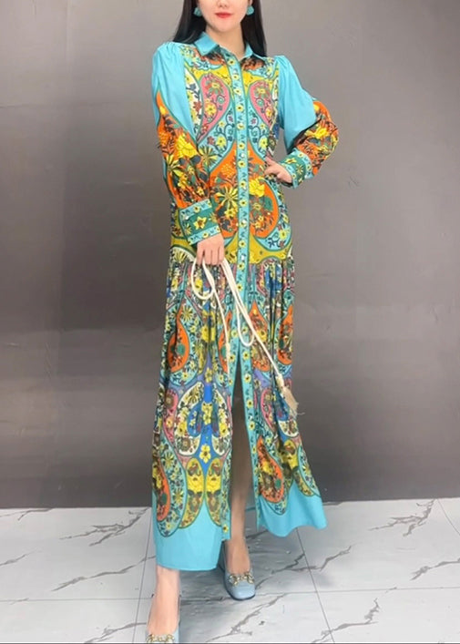 Blue Peter Pan Collar Button Print Cotton Long Dress Fall