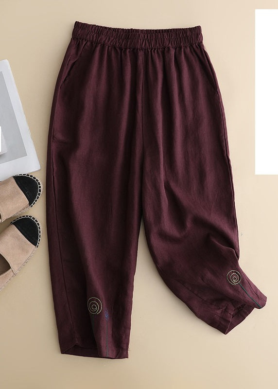 Brief Khaki Embroidered High Waist Linen Harem Pants Summer