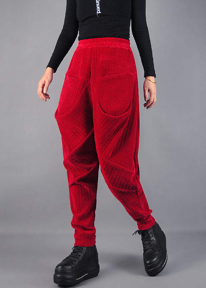 Diy Red Wrinkled Pockets Velvet Harem Pants Spring