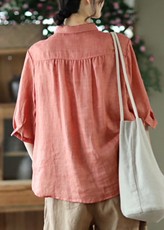 Art Khaki Peter Pan Collar Button Linen Shirt Summer