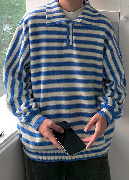 French Black Striped Button Knit Sweaters Winter
