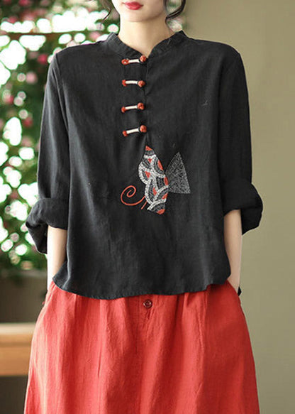 Boutique White O-neck Embroidered Button Linen Shirt Long Sleeve