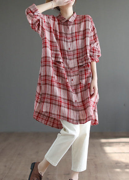 Red Plaid Peter Pan Collar Linen Blouses Spring