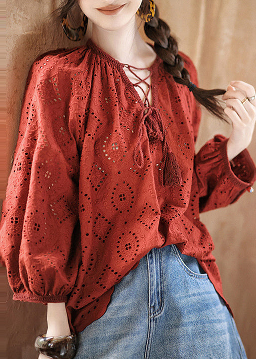 Red Hollow Out Lace Up Cotton Shirt Bracelet Sleeve