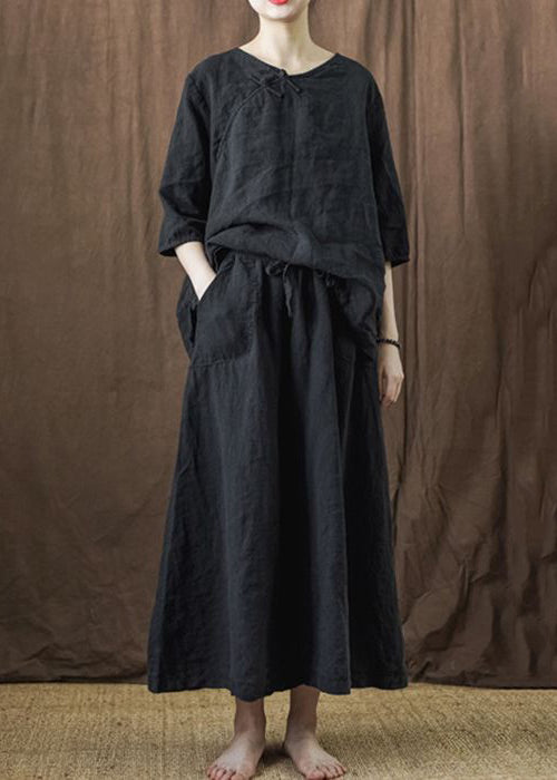 New Black Button Tops and Skirts Linen Two Piece Set Bracelet Sleeve