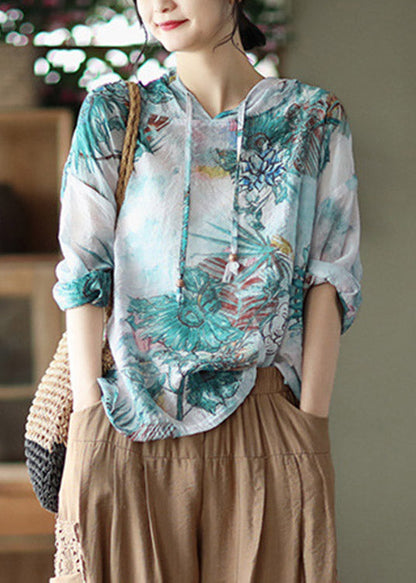 White Peter Pan Collar Drawstring Linen Hooded Shirt Long Sleeve
