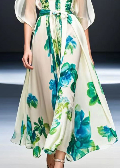 White Cold Shoulder Print Silk Maxi Dresses Summer