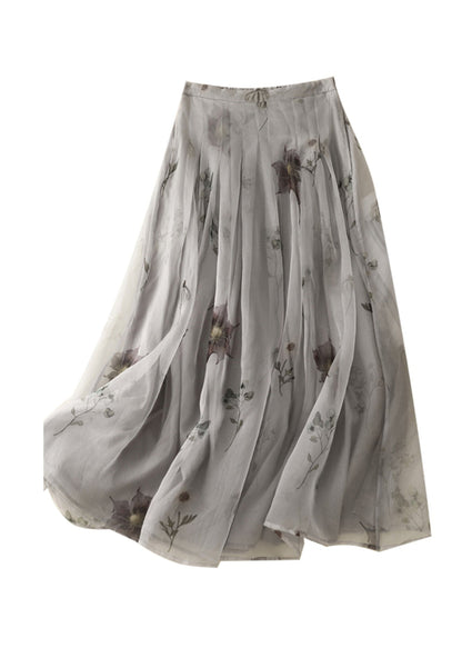 Classy Grey Print High Waist Tulle a Line Skirt Summer
