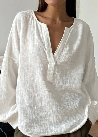 White V Neck Patchwork Cotton T Shirts Fall