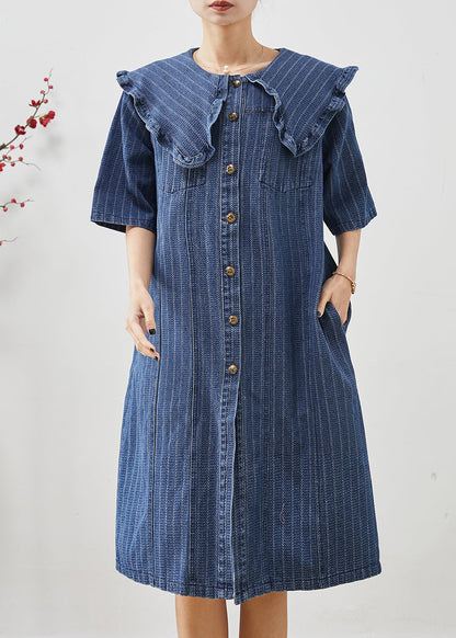Navy Peter Pan Collar Striped Denim Mid Dress Summer