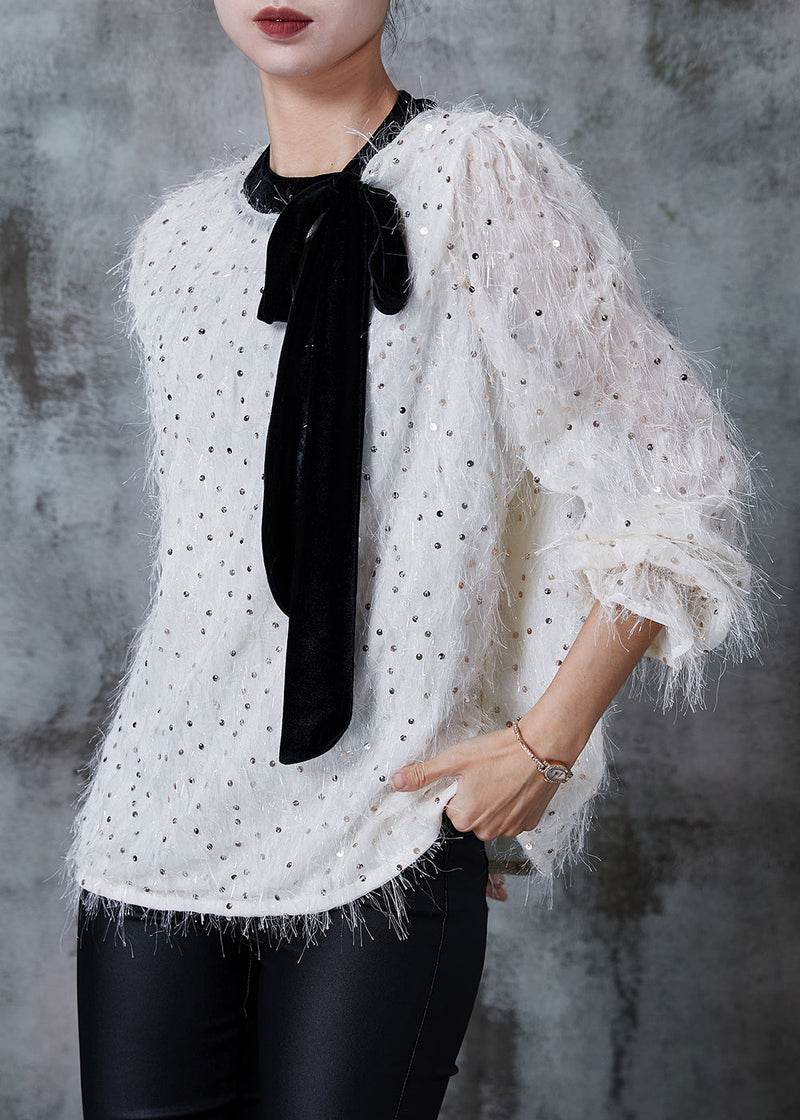 White Sequins Bow Blouse Tops Summer