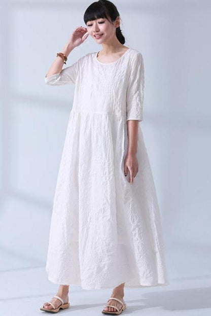 National Wind Summer Jacquard Cotton Linen Loose Maxi Long Dress