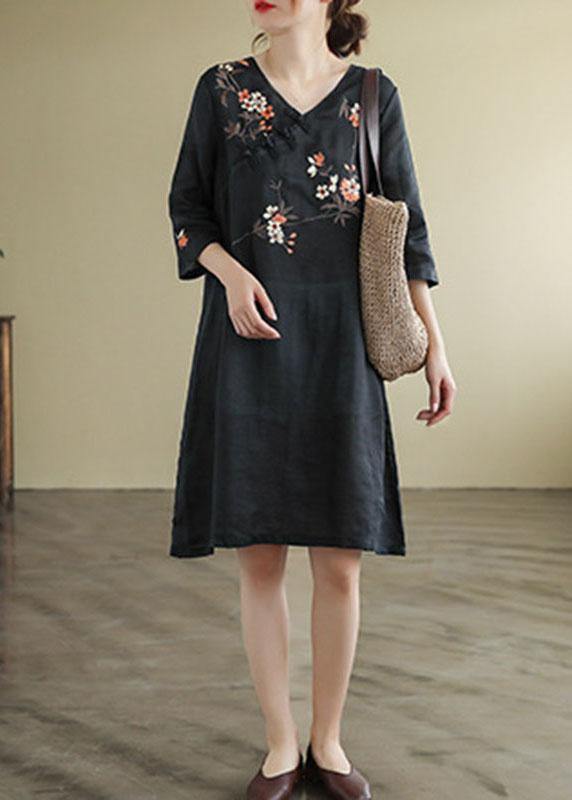 Black V Neck Embroidered Button Three Quarter Sleeve Fall Dresses
