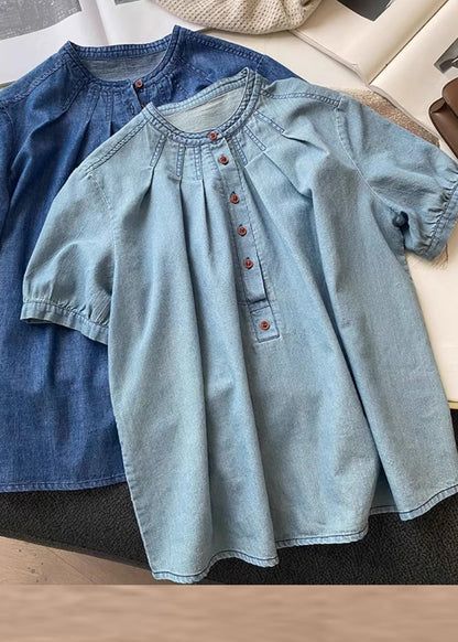 Blue O Neck Button Denim T Shirts Summer