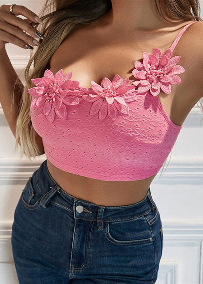 Pink Dimensional Flower Single Shoulder Camisole Top With