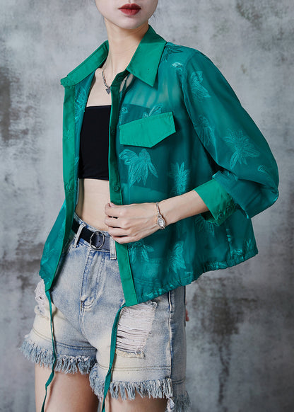 Classy Peacock Green Embroidered Drawstring Tulle Coats Summer