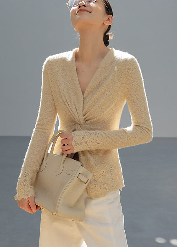 Apricot V Neck Wrinkled Knit Top Spring