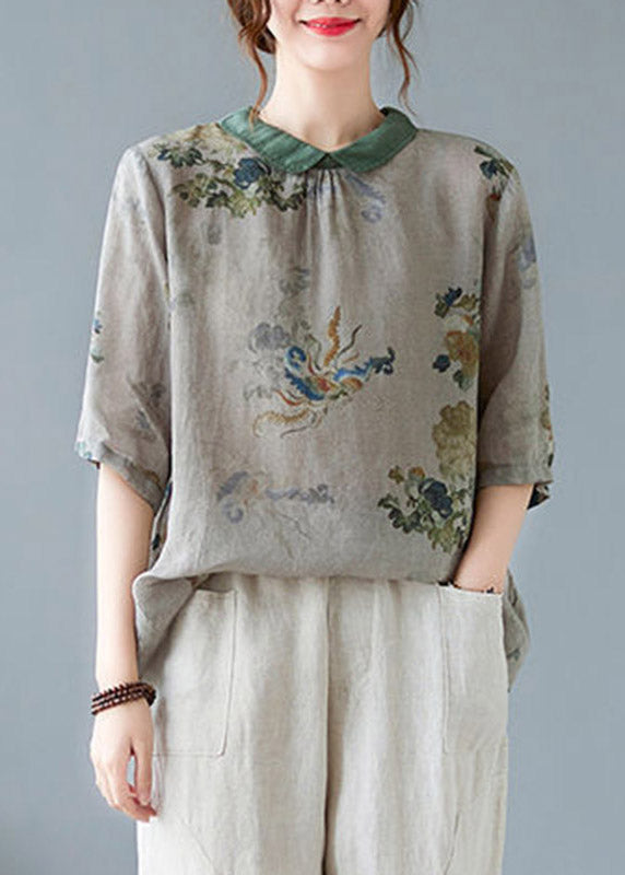 Greyish Green Peter Pan Collar Button Shirts Half Sleeve