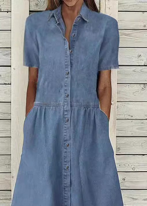 Blue Peter Pan Collar Button Denim Dress Summer