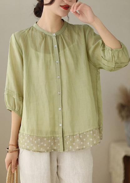 Green Stand Collar Print Patchwork Linen Shirt Tops Summer