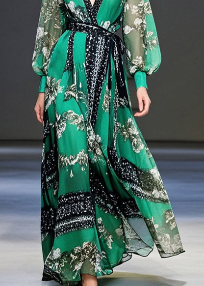 Peacock Green Cinched Print Chiffon Maxi Dresses Fall