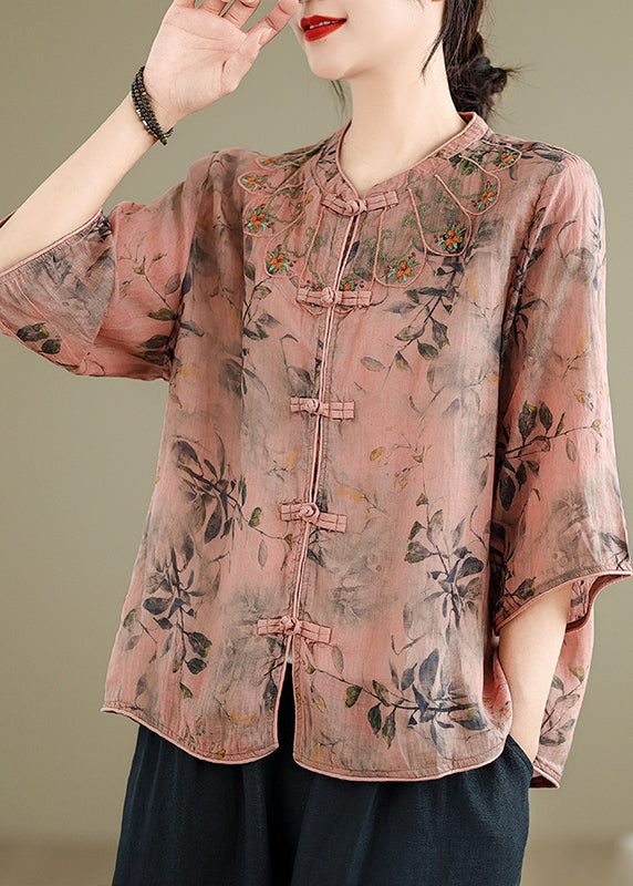 Handmade Pink O-neck Print Embroidered Button Top Half Sleeve