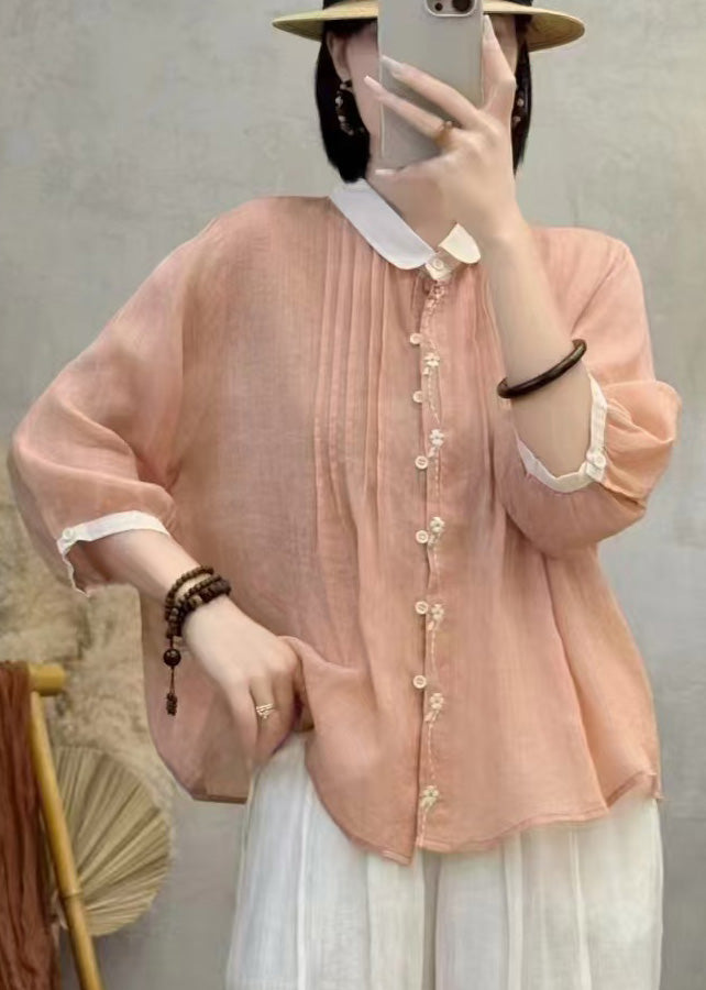 Orange Embroidered Patchwork Wrinkled Linen Blouses Bracelet Sleeve