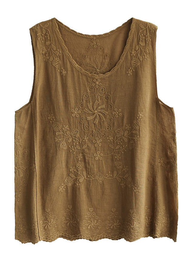Simple Brown Yellow O-neck Cotton Tops Summer