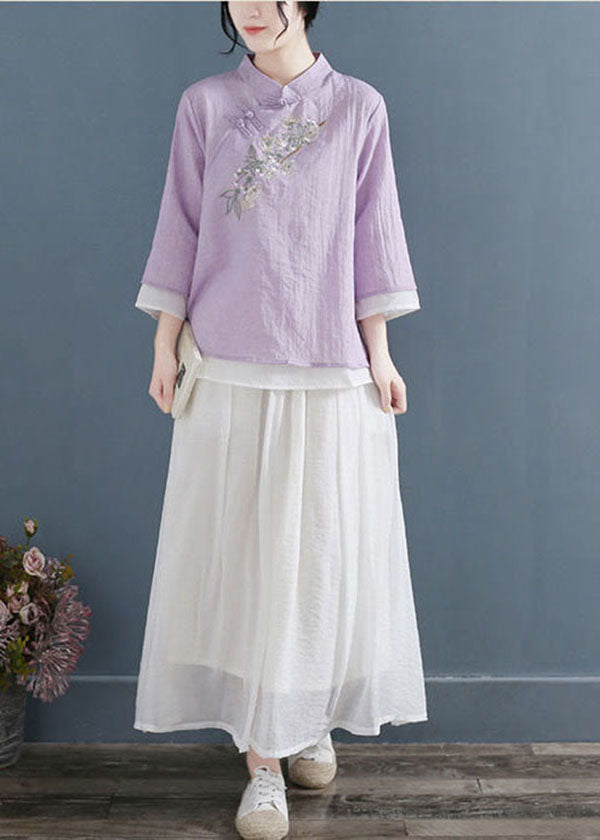 Purple Chinese Style Cotton Blouse Tops Layered Embroidered Three Quarter Sleeve