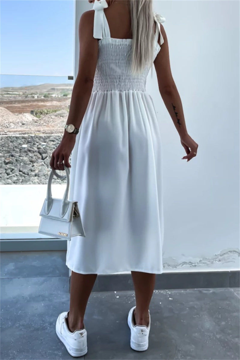 Color Print Backless Slit Belted Spaghetti Strap Sleeveless Dresses(7 Colors)