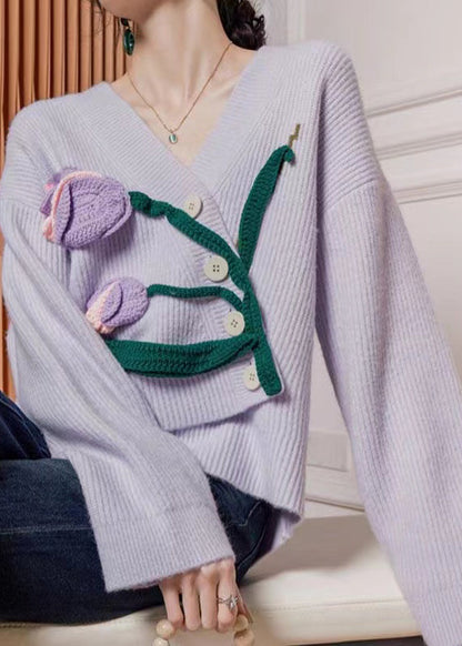 Purple Asymmetrical Button Knit Cardigan Winter