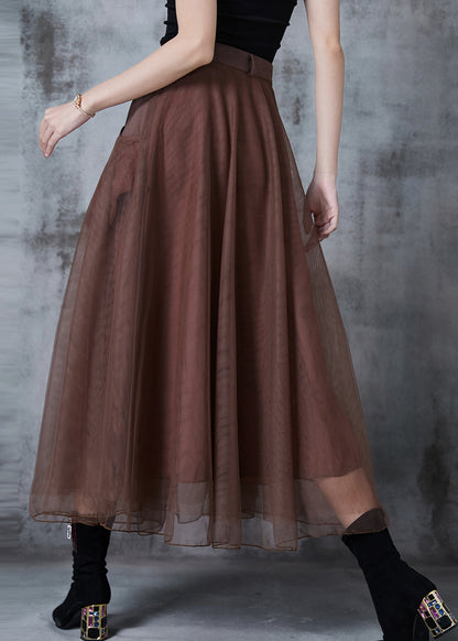 French Brown High Waist Patchwork Tulle Holiday Skirts Fall