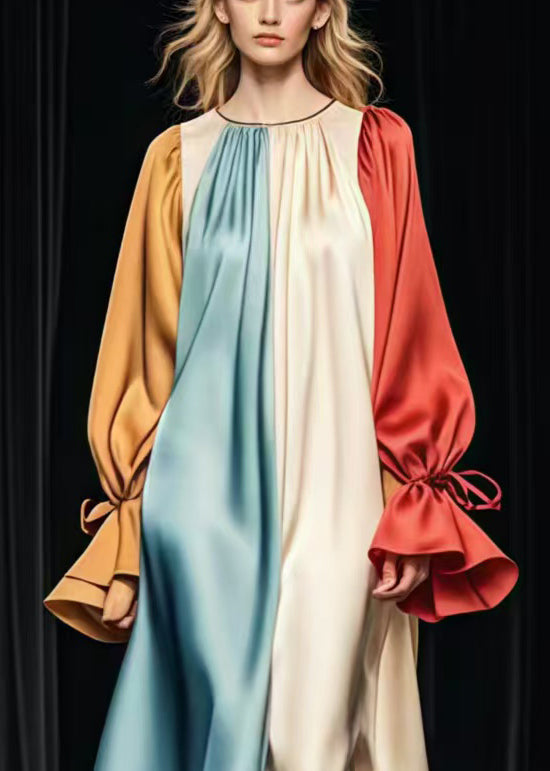 Colorblock Oversized Patchwork Silk Long Dress Flare Sleeve