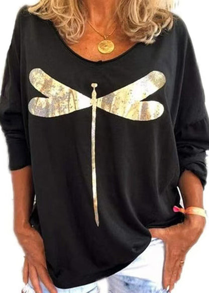 Black O Neck Print Cotton Sweatshirts Long Sleeve