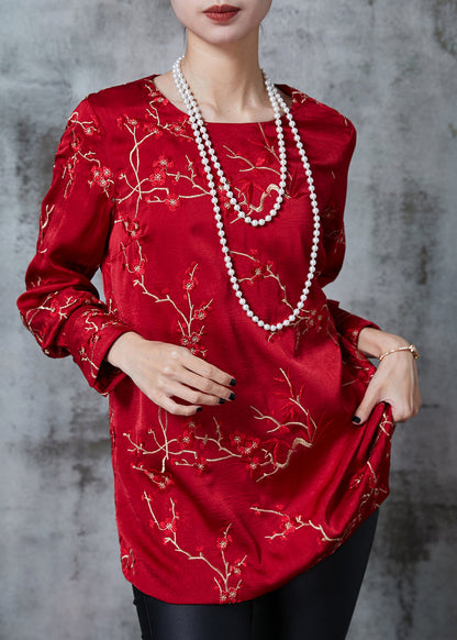 Red Embroidered Silk Blouses Fall