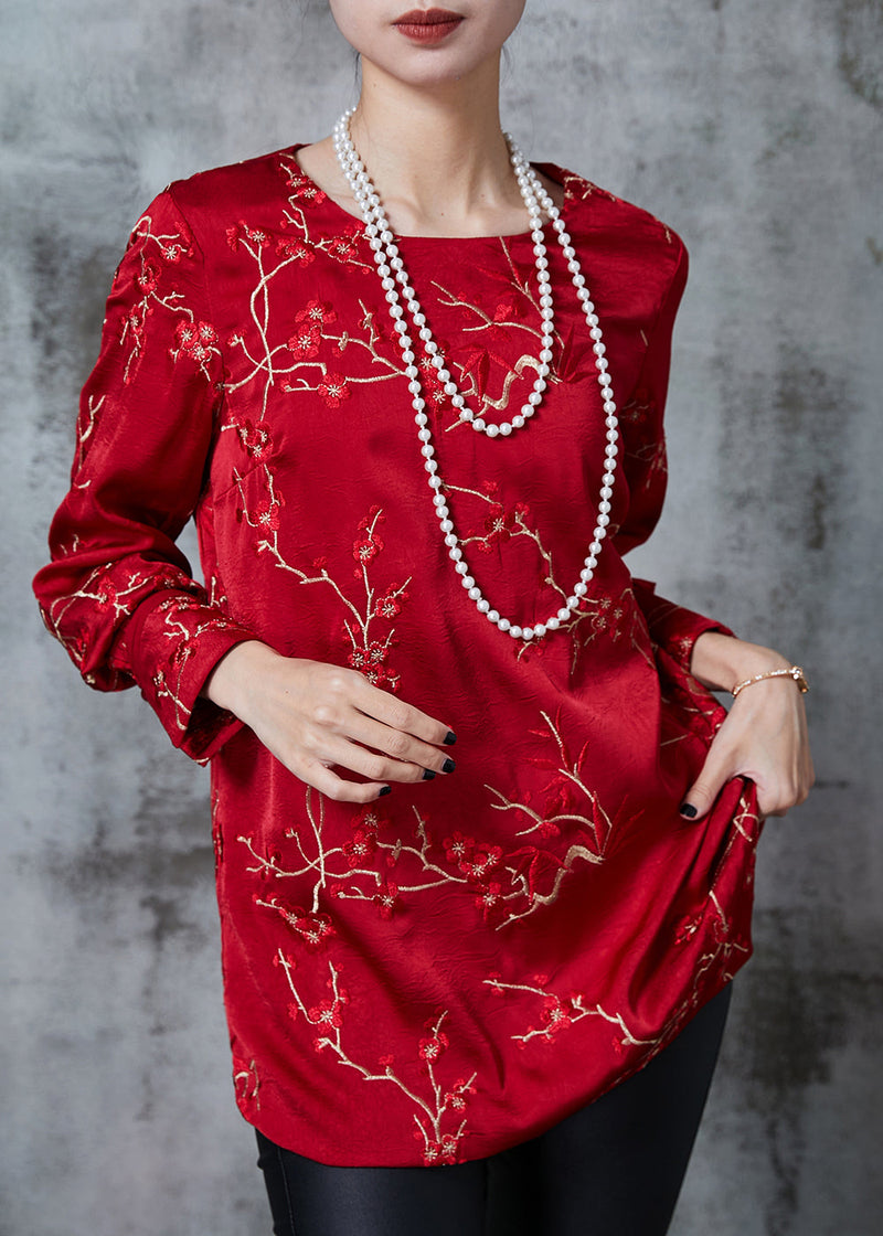 Red Embroidered Silk Blouses Fall
