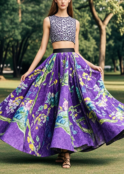 Purple Print Exra Large Hem Cotton Skirt Fall