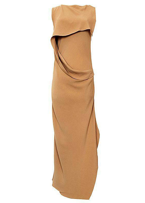 Slim Fit Camel Asymmetrical Side Open Holiday Long Dress Sleeveless